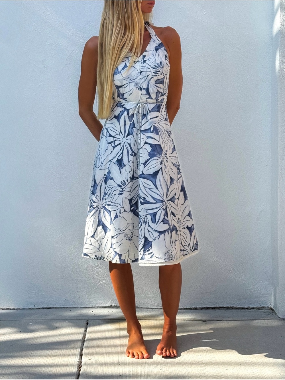 Blue & White Floral Wrap Midi Halter Dress